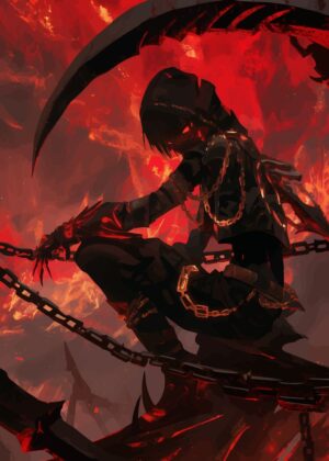 Dark Figure in Chains: Fiery Anime Art Print - Premium Wooden Framed Poster. Ready to Hang.