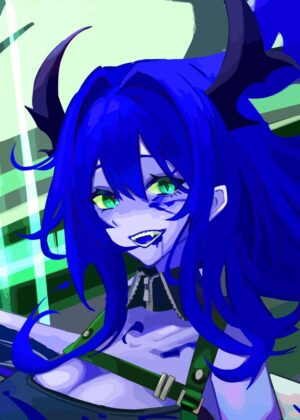 Anime Demon Girl: Electric Blue - Premium Wooden Framed Poster. Ready to Hang.