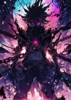 Dark Anime Warrior with Chains - Premium Wooden Framed Poster. Ready to Hang.