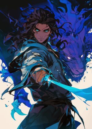 Anime Warrior: Blue Energy Unleashed - Premium Wooden Framed Poster. Ready to Hang.