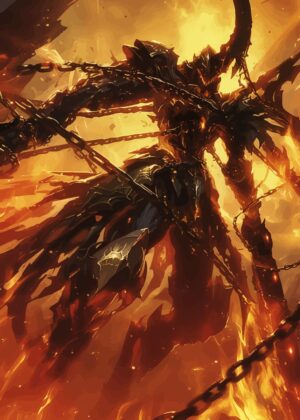 Fiery Demon Warrior: A Digital Painting - Premium Wooden Framed Poster. Ready to Hang.