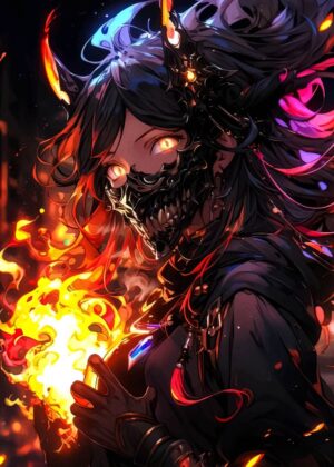 Fiery Anime Girl with Mask: Digital Art Print - Premium Wooden Framed Poster. Ready to Hang.