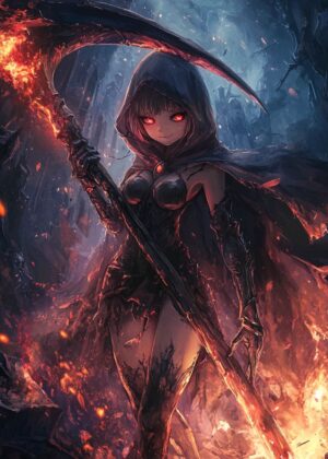 Fiery Anime Girl with Scythe: Dark Fantasy Artwork - Premium Wooden Framed Poster. Ready to Hang.