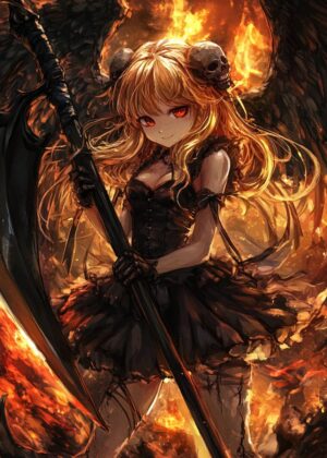 Fiery Angel with Scythe: Anime Art Print - Premium Wooden Framed Poster. Ready to Hang.