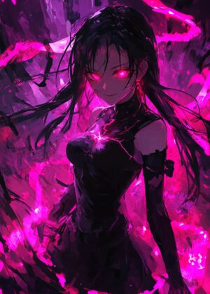 Anime Girl Embracing Pink Energy - Premium Wooden Framed Poster. Ready to Hang.