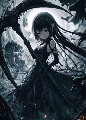 Dark Anime Girl with Scythe: Gothic Fantasy Art Print - Premium Wooden Framed Poster. Ready to Hang.