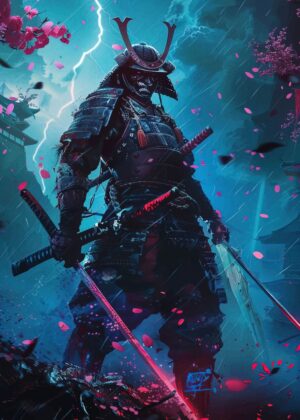 Samurai Warrior in a Storm: Digital Art Print - Premium Wooden Framed Poster. Ready to Hang.