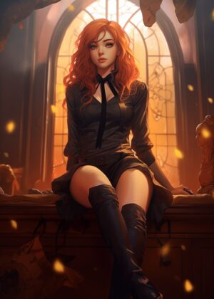 Fiery Redhead in Gothic Elegance - Premium Wooden Framed Poster. Ready to Hang.
