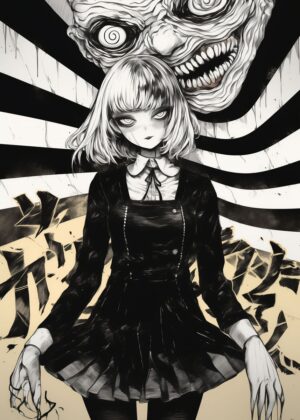 Dark Anime Girl and Grotesque Monster - Premium Wooden Framed Poster. Ready to Hang.