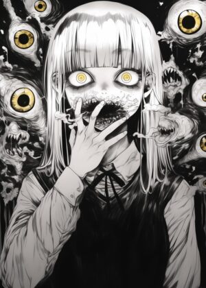 Horrific Anime Girl with Glowing Eyes Art Print - Premium Wooden Framed Poster. Ready to Hang.