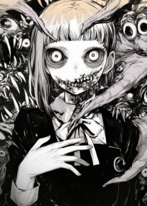 Horror Anime Girl: Dark Fantasy Art Print - Premium Wooden Framed Poster. Ready to Hang.