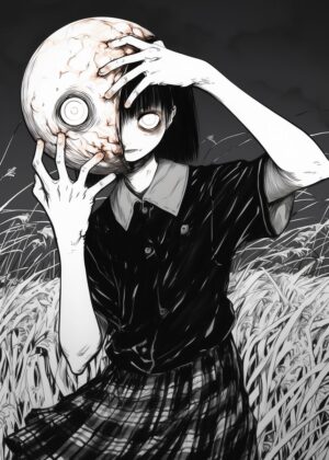 Horror Anime Girl with Mask: Disturbingly Beautiful Artwork - Premium Wooden Framed Poster. Ready to Hang.