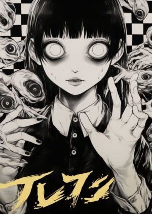 Horrific Gaze: A Disturbingly Beautiful Manga Illustration - Premium Wooden Framed Poster. Ready to Hang.