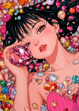 Anime Girl Surrounded by Sparkling Jewels - Premium Wooden Framed Poster. Ready to Hang.