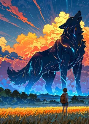 Giant Wolf and Girl: A Majestic Sunset Encounter - Premium Wooden Framed Poster. Ready to Hang.