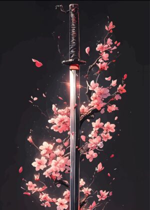 Sakura & Katana: A Breathtaking Fusion of Japanese Art - Premium Wooden Framed Poster. Ready to Hang.