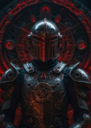 Steampunk Knight Armor: Dark Fantasy Art Print - Premium Wooden Framed Poster. Ready to Hang.
