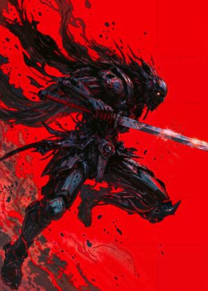 Cyberpunk Blood Samurai Warrior: Digital Art Print - Premium Wooden Framed Poster. Ready to Hang.