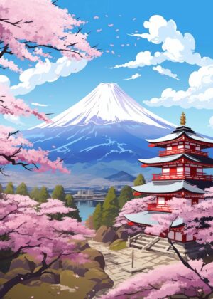 Serene Japanese Pagoda and Mount Fuji Artwork - Premium Wooden Framed Poster. Ready to Hang.