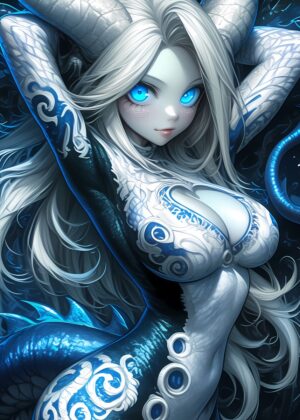 Blue-Eyed Dragon Anime Woman Art Print - Premium Wooden Framed Poster. Ready to Hang.