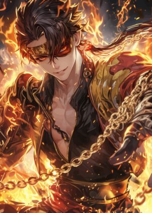 Fiery Anime Male Character Art Print - Premium Wooden Framed Poster. Ready to Hang.