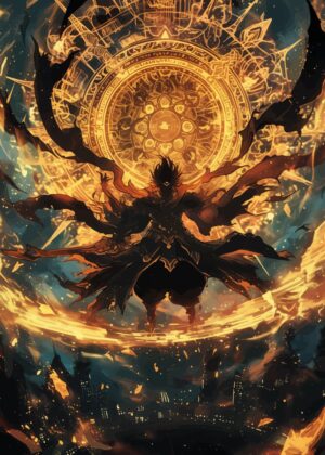 Dark Mage Ascending: Golden Magic Artwork - Premium Wooden Framed Poster. Ready to Hang.
