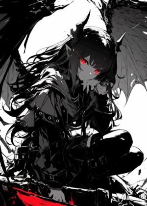 Dark Angel with Piercing Red Eyes: Anime Art Print - Premium Wooden Framed Poster. Ready to Hang.