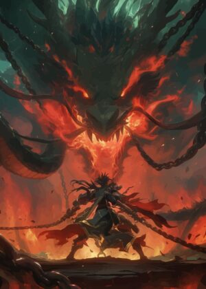 Fiery Dragon Confrontation: Warrior's Stand - Premium Wooden Framed Poster. Ready to Hang.