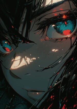Anime Girl Close-Up: Fierce Gaze - Premium Wooden Framed Poster. Ready to Hang.
