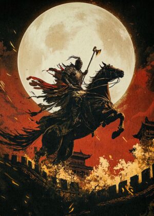 Samurai Horseback: A Night of Conquest - Premium Wooden Framed Poster. Ready to Hang.