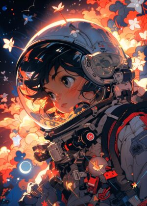 Astronaut Girl in Space: A Cosmic Adventure - Premium Wooden Framed Poster. Ready to Hang.