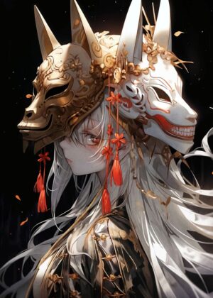 Kitsune Mask Anime Girl Art Print - Premium Wooden Framed Poster. Ready to Hang.