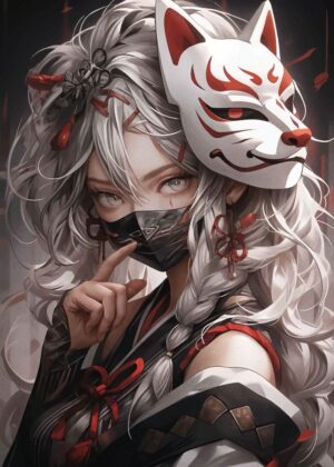Kitsune Mask Anime Girl: Mystical Art Print - Premium Wooden Framed Poster. Ready to Hang.