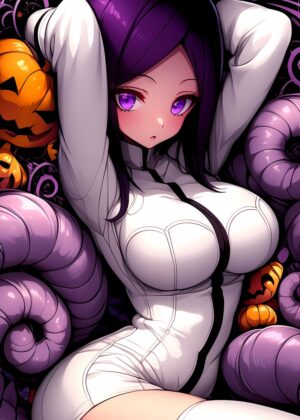 Purple-Haired Anime Girl Halloween Art Print - Premium Wooden Framed Poster. Ready to Hang.