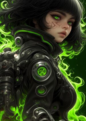 Cyberpunk Anime Girl: Neon Green Energy - Premium Wooden Framed Poster. Ready to Hang.