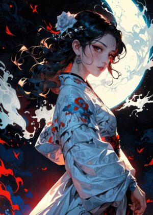Anime Girl in Elegant Kimono: Moonlight Beauty - Premium Wooden Framed Poster. Ready to Hang.