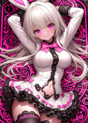 Anime Girl with Bunny Ears: Kawaii Pink and White - Premium Wooden Framed Poster. Ready to Hang.