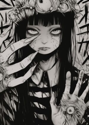 Horror Anime Girl Art Print - Premium Wooden Framed Poster. Ready to Hang.