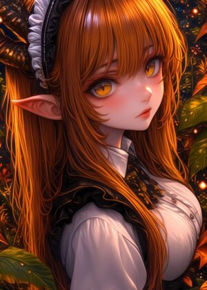 Fiery Anime Demon Maid: A Digital Art Print - Premium Wooden Framed Poster. Ready to Hang.