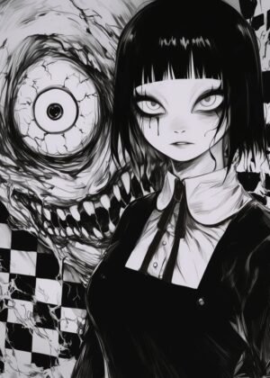 Dark Anime Girl and Monstrous Entity - Premium Wooden Framed Poster. Ready to Hang.