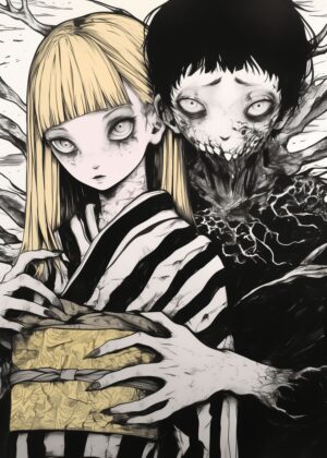 Horrific Anime Girl Embrace: Dark Fantasy Art Print - Premium Wooden Framed Poster. Ready to Hang.
