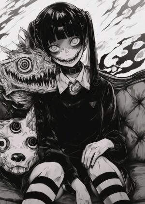 Creepy Anime Girl with Monster Companion - Premium Wooden Framed Poster. Ready to Hang.