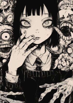 Anime Girl and Monsters: A Dark Fantasy Art Print - Premium Wooden Framed Poster. Ready to Hang.