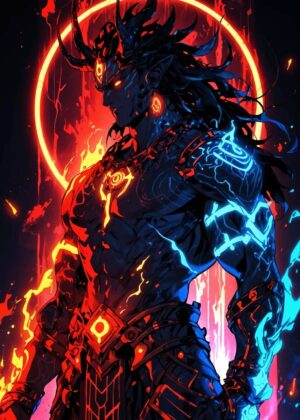 Demonic Warrior: Fiery Digital Art Print - Premium Wooden Framed Poster. Ready to Hang.