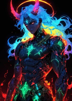 Neon Demon Horns Artwork: Fiery Digital Painting - Premium Wooden Framed Poster. Ready to Hang.