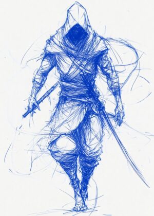 Blue Ink Warrior Sketch: Dynamic Action Art Print - Premium Wooden Framed Poster. Ready to Hang.