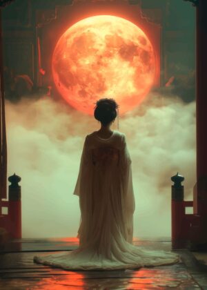 Geisha Under Blood Moon: An Ethereal Japanese Art Print - Premium Wooden Framed Poster. Ready to Hang.