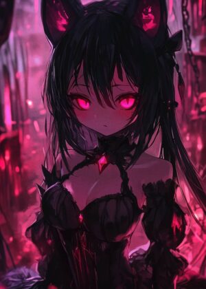 Anime Girl with Glowing Red Eyes - Premium Wooden Framed Poster. Ready to Hang.