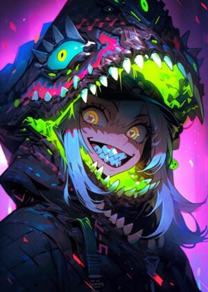 Cyberpunk Anime Girl: Neon Dreams - Premium Wooden Framed Poster. Ready to Hang.