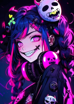 Cyberpunk Anime Girl: Neon Dreams - Premium Wooden Framed Poster. Ready to Hang.